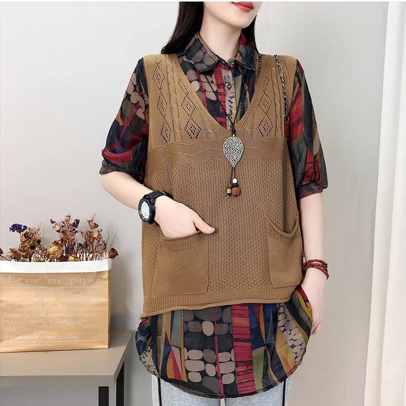 Áo len cho người già - áo len trung liên dáng thụng gile 2 túi tặng bà, tặng mẹ