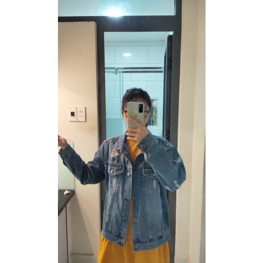 Áo khoác jeans nữ Unisex xanh rách đen có mũ dây kéo mới ra Limit form rộng M-L-XL