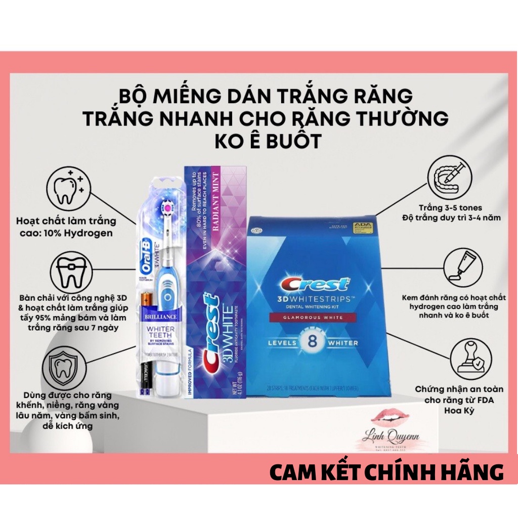 Miếng dán trắng răng Crest 3D White Glamorous &amp; Kem đánh trắng răng Radiant và Bàn chải - Combo trắng nhanh răng thường