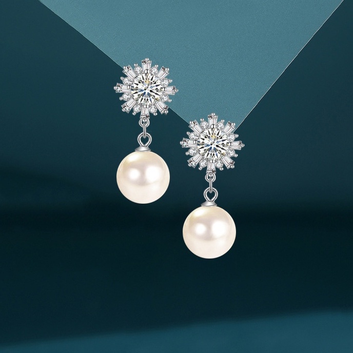 Bông Tai Ngọc Trai nhân tạo Nữ Đính Đá Lấp Lánh Hình Bông Hoa Tuyết XBB20 - Bảo Ngọc Jewelry