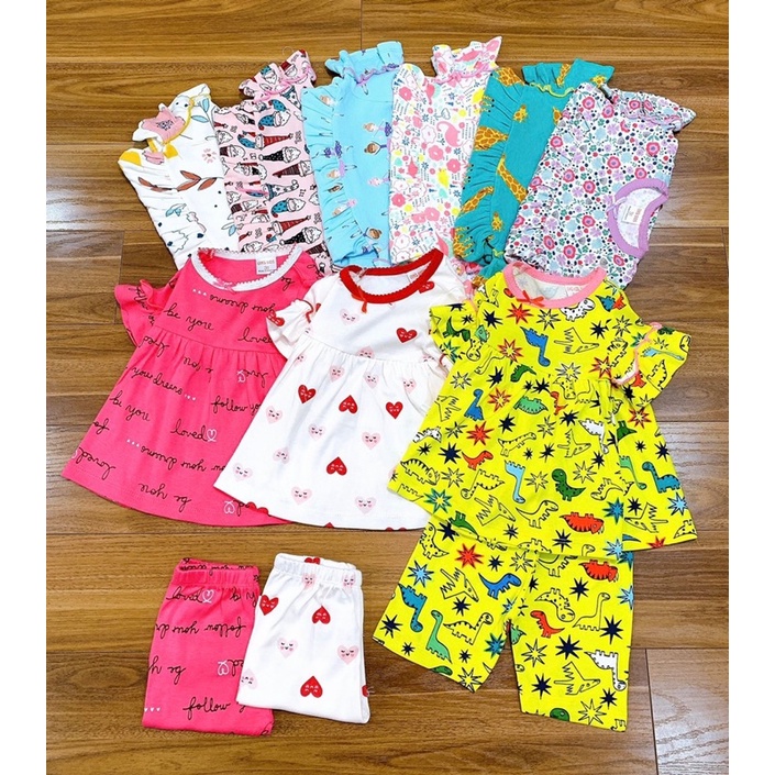 Bộ ngắn tay nhún  bèo cotton borip bé gái (Sz 10-20kg)