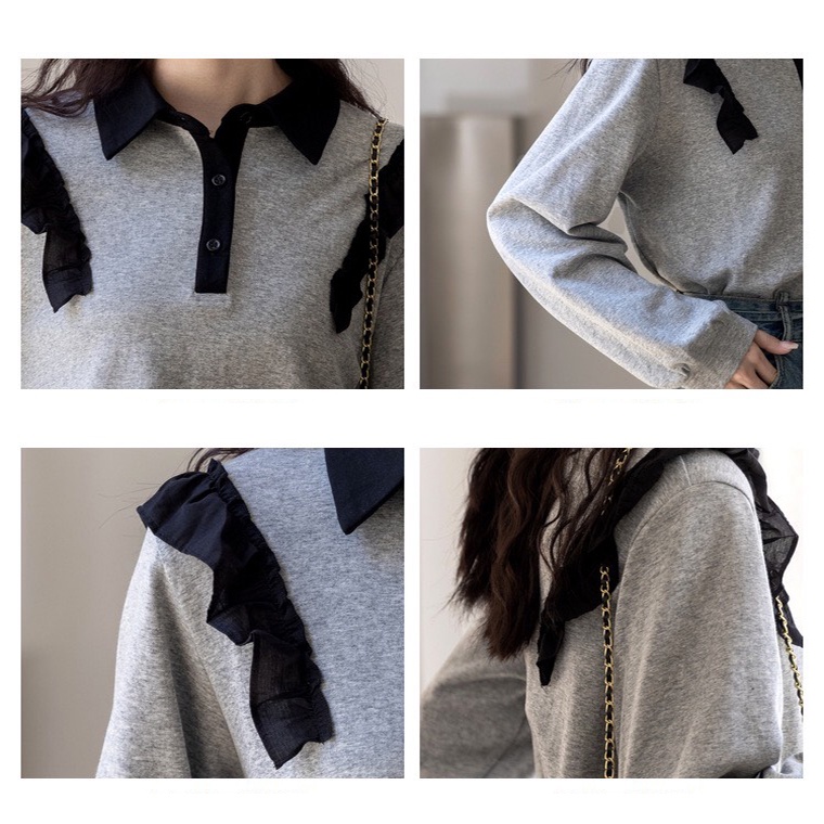 Áo thun polo nữ dài tay dây rút phối viền bèo nhún dàng ngắn Croptop ALALA thu đông