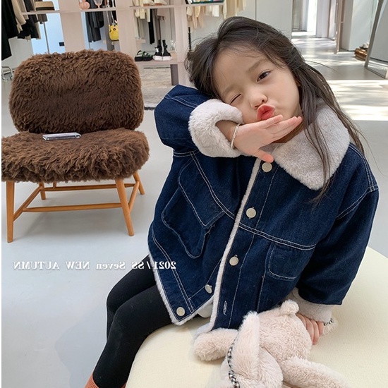 Áo khoác denim lót lông mềm thời trang cho bé