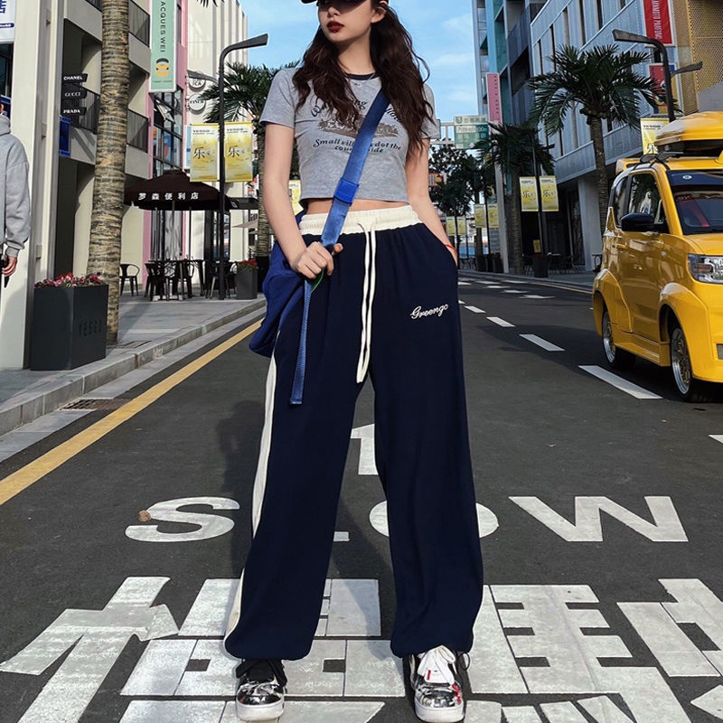 Quần Thể Thao Lưng Cao Ống Rộng Phong Cách Retro Mỹ Thời Trang Cho Nữ