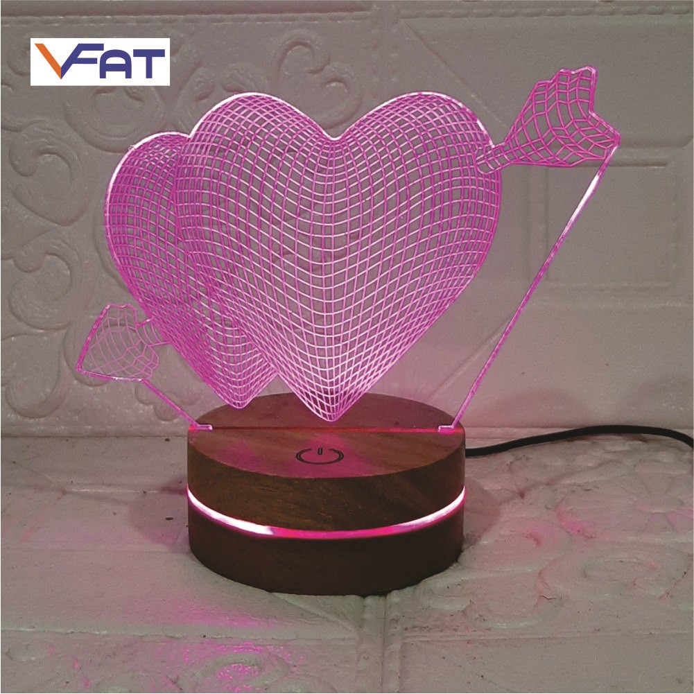 2 trái tim, Đèn 3D led, đèn 16 màu thay đổi, quà tặng, đèn mica, VFAT Shop