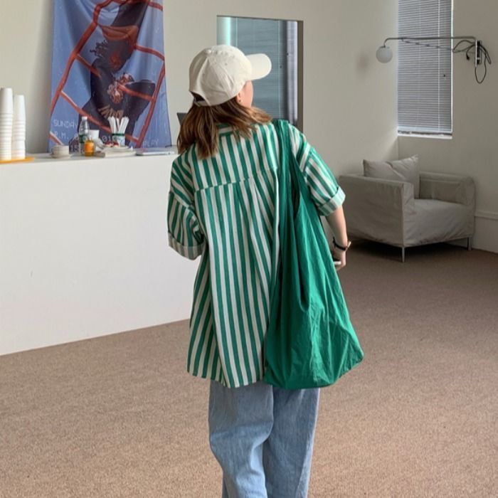 Áo Sơ Mi Tay Lửng Dáng Rộng Họa Tiết Kẻ Sọc Màu Xanh Lá Thời Trang Xuân Hè Hàn Quốc 2021
