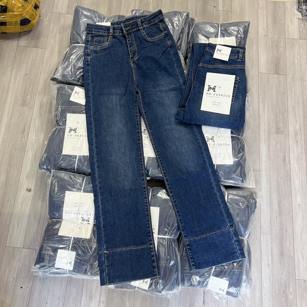 Quần jean nữ ống đứng gấp gấu, quần bò lưng cao dáng suông,chất denim co giãn tốt-Minxy shop