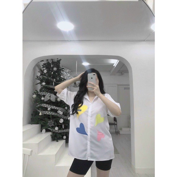 Set áo sơmi quần thun ngố form rộng big size 3 màu in chữ hình trái tim siêu hot trend