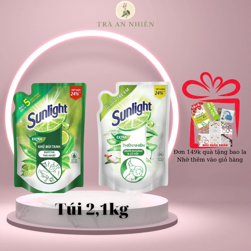 Nước rửa chén Sunlight khử mùi tanh Matcha Trà Nhật/Muối&Lô hội túi 2,1kg