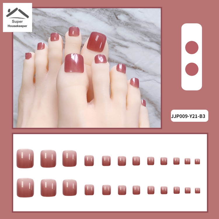 Set 24 Móng Chân Giả Ngắn Màu Đỏ Sáng Thời Trang