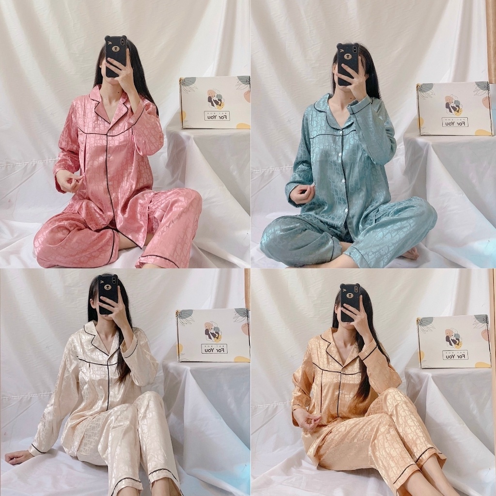 Bộ Pijama Bầu và Sau Sinh Lụa Gấm Dài Tay 2 Chức Năng Có Khóa Cho Con Bú