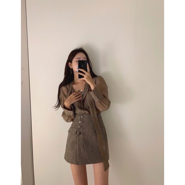 Set ulzzang Hàn quốc áo sơ mi dịu mát và chân váy công sở S M L