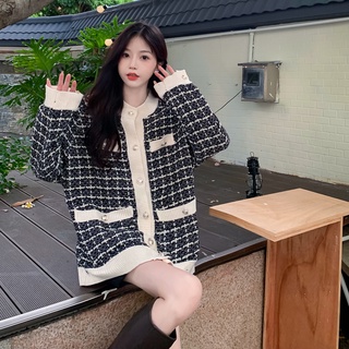 Hellomida Áo cardigan Nữ Dáng Rộng Caro Vintage
