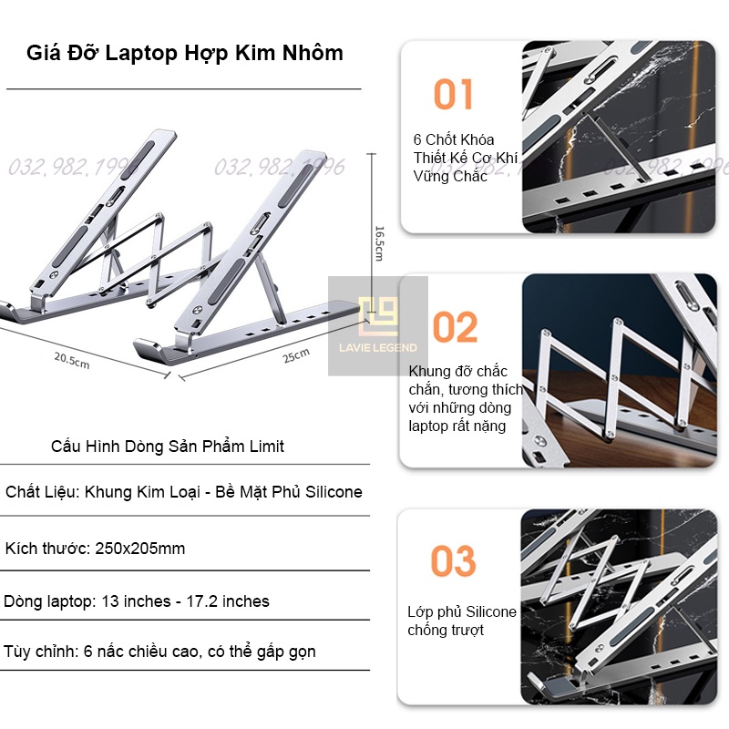 Giá đỡ laptop bằng nhôm gấp gọn dùng cho laptop có thể điều chỉnh nhiều mức