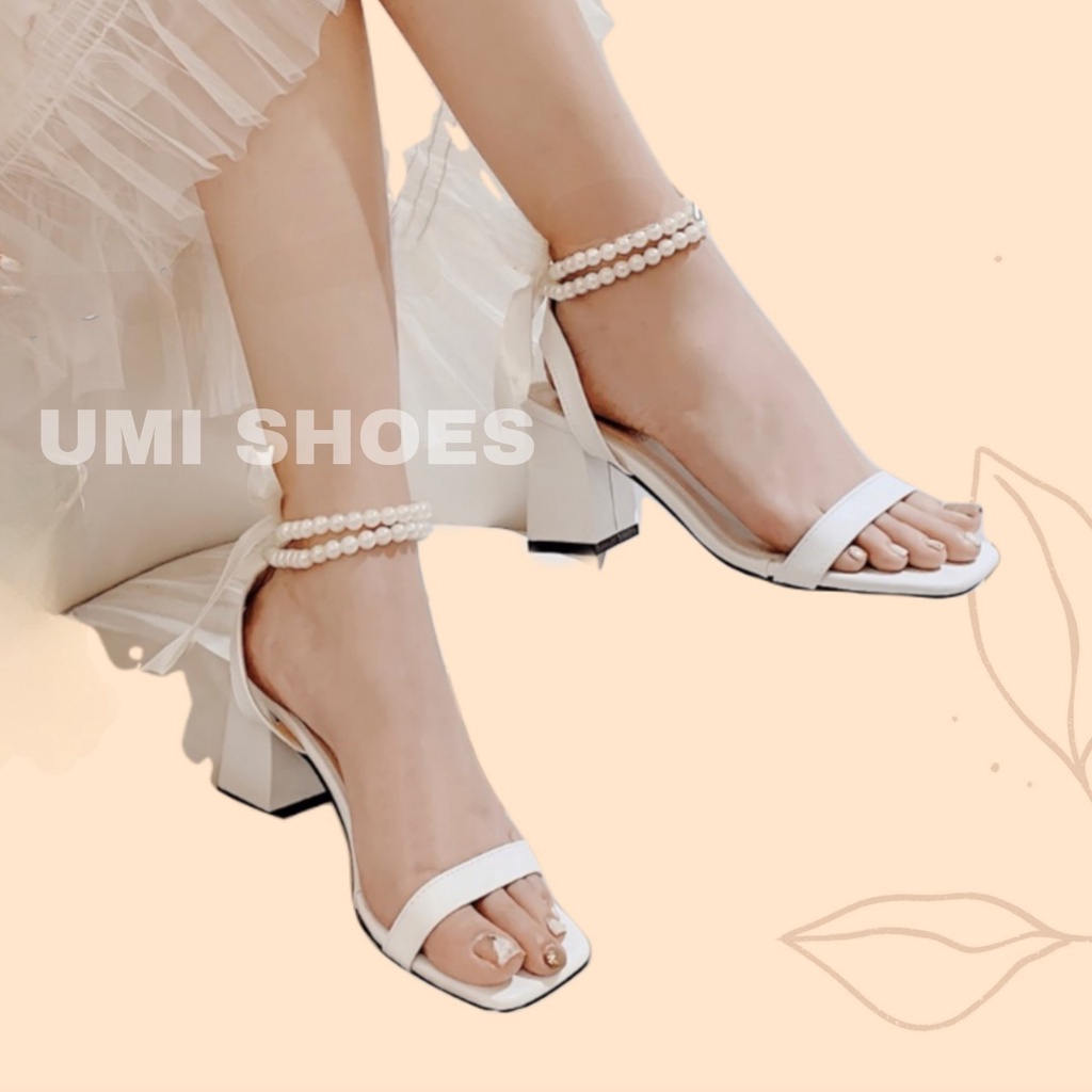 Giày Sandal Cao Gót 7 Phân Nữ Đế Vuông Thắt Cột Nơ Quai Ngọc Châu Soàn Quấn Cổ Chân Siêu Hot Trend Mới Mũi Vuông Đi Chơi