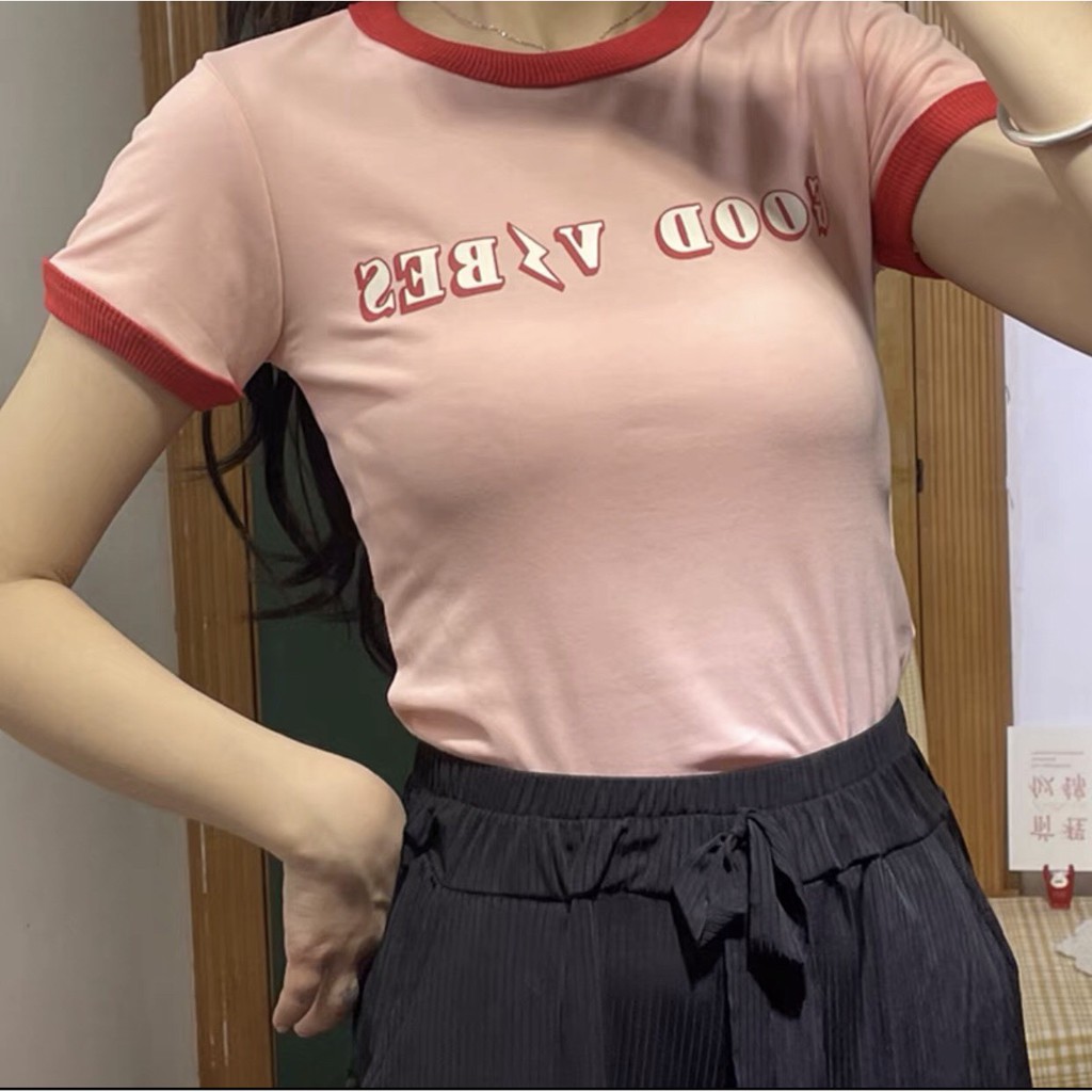Áo croptop ôm body thun gân in chữ Good Vibes Hồng - ÁO THUN CRT HỒNG VIỀN ĐỎ