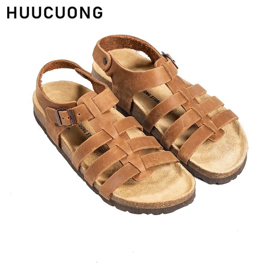 [Có Video]  Sandal HuuCuong chiến binh da bò nâu đế trấu [SP2176]