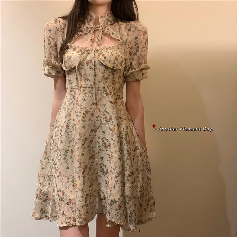 AMOI Đầm Voan Dáng Rộng In Họa Tiết Hoa Phối Dây Cột Thời Trang Retro Xinh Xắn Cho Nữ 2022