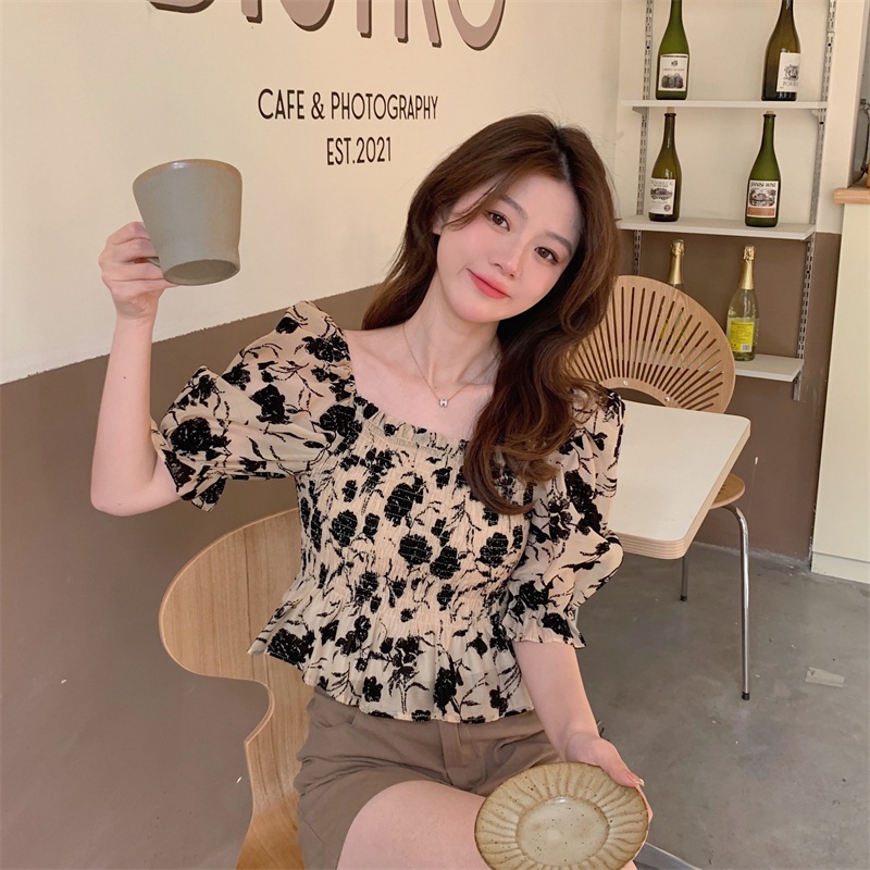 Áo kiểu PERTY tay phồng họa tiết hoa thời trang mùa hè Hàn Quốc cho nữ