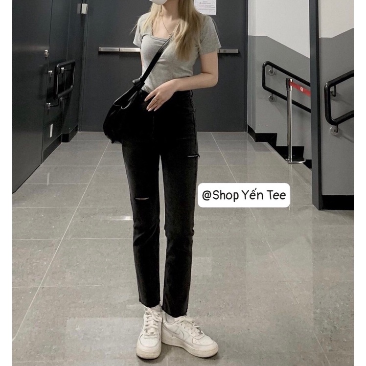 Quần jeans ống loe xẻ gấu Yến Tee,Quần jeans đi học,quần che khuyết điểm
