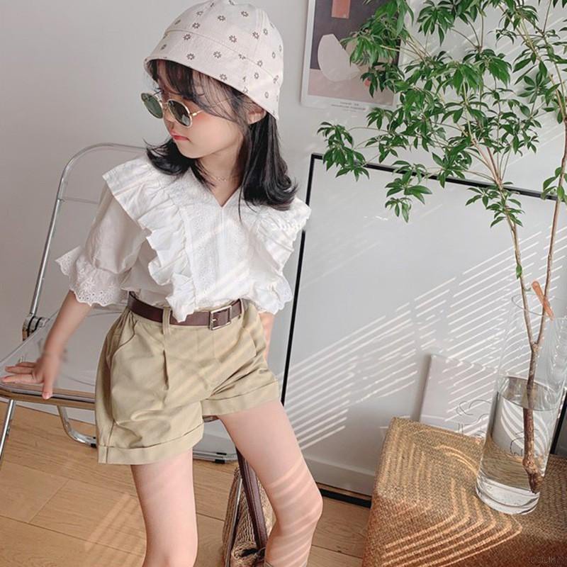 Bộ Đồ 3 Món Gồm Áo Ren Cổ Chữ V Kèm Quần Ngắn Và Thắt Lưng Thời Trang Mùa Hè Cho Bé Gái