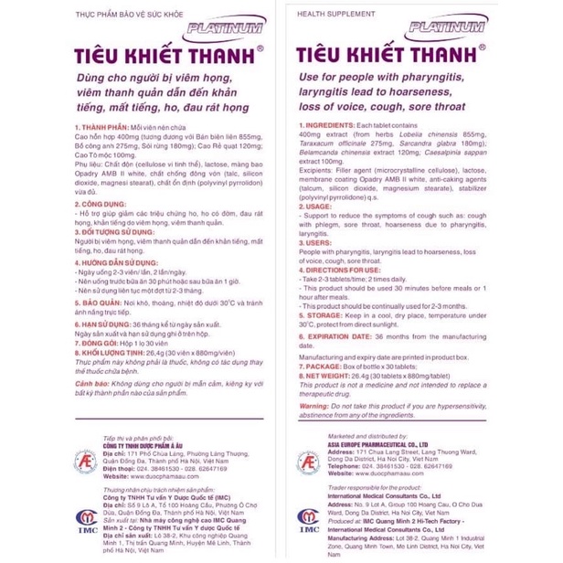 Tiêu khiết thanh platinum (hỗ trợ đau rát họng, vướng họng, khản tiếng, hụt hơi, viem thanh quản, ho kéo dài, hắng giọng