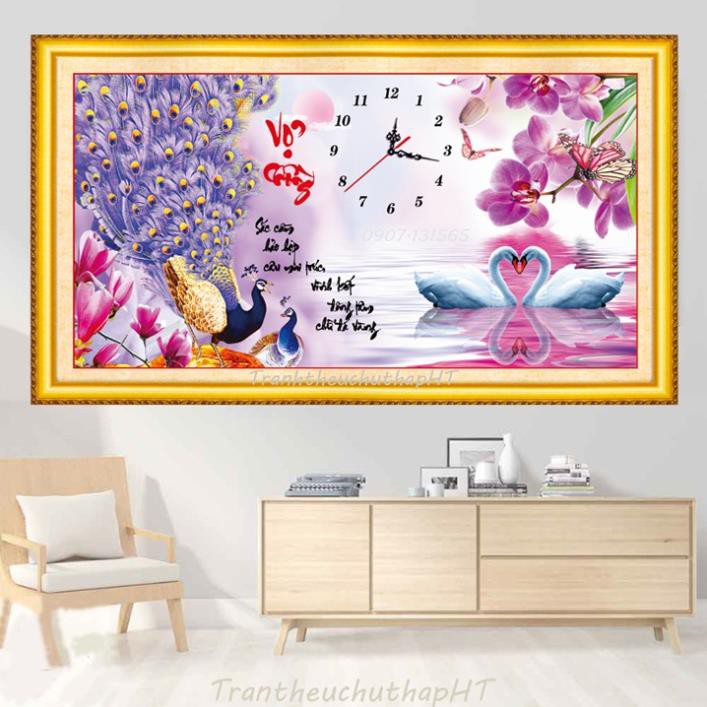 - Tranh thêu chữ thập vợ chồng chim công hoa lan LV3162- size: 65x38Cm (tự thêu) NCS-NGỌC CHÂU SHOP
