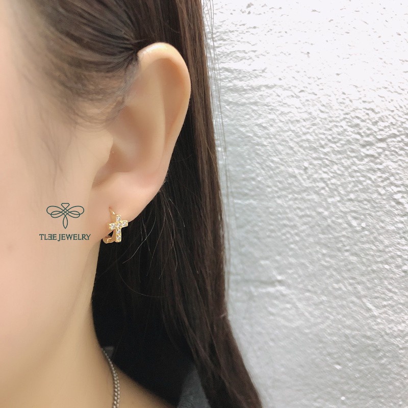 Khuyên tai bạc unisex  tròn thánh giá nạm đá mẫu đeo ngắn có chốt bấm TleeJewelry B0141