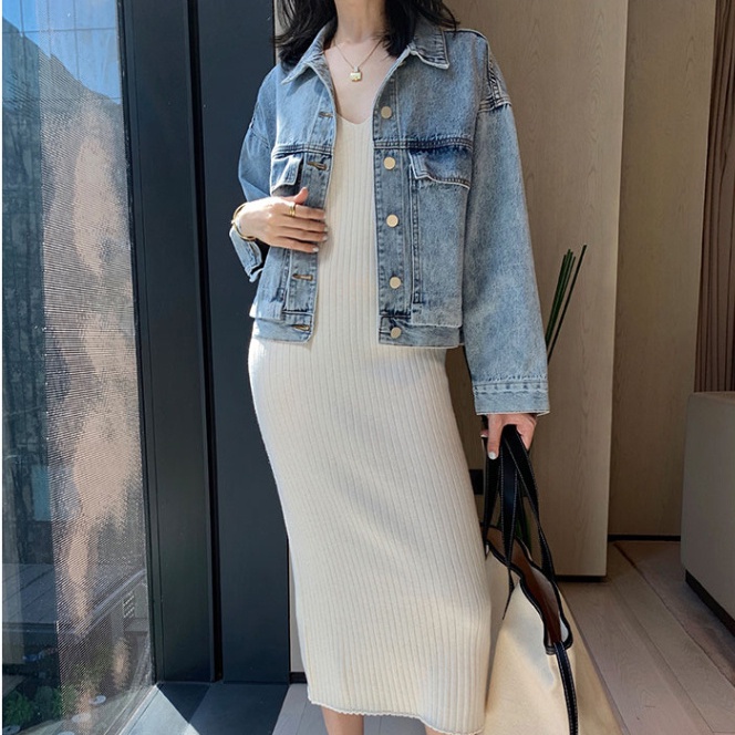 Đầm midi SUXI dệt kim cổ chữ V thời trang mùa hè cho nữ