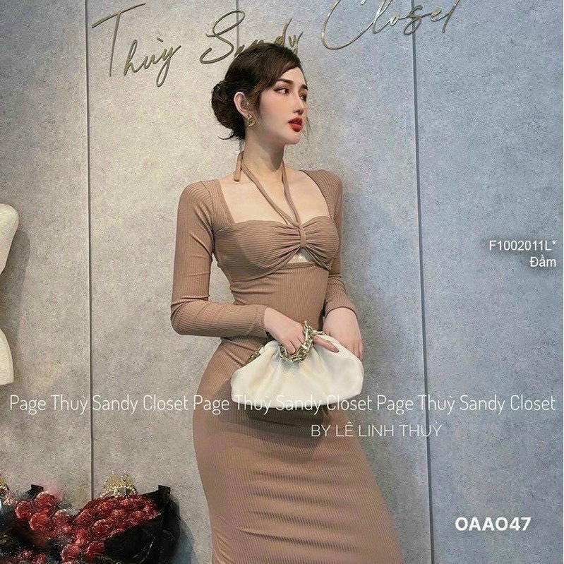 đầm nữ, đầm tay dài, đầm kiểu hở ngực, thun gân th