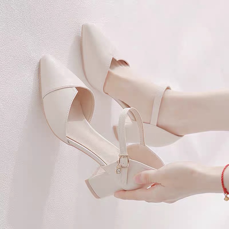 Giày Cao Gót Nữ Mũi Nhọn 5P Màu Trắng Kem A11