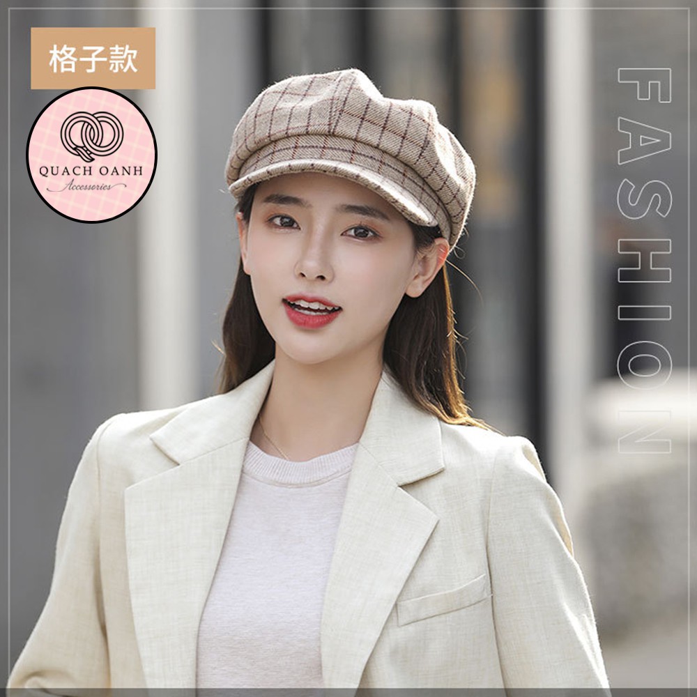Mũ beret bát giác kẻ caro thời trang cho bạn gái – MU19
