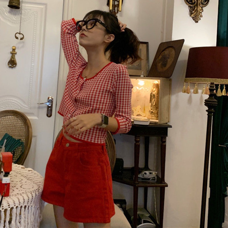 Áo Khoác Cardigan Len Tay Dài Dáng Ôm Họa Tiết Sọc Caro Phong Cách Hàn Quốc Cho Nữ