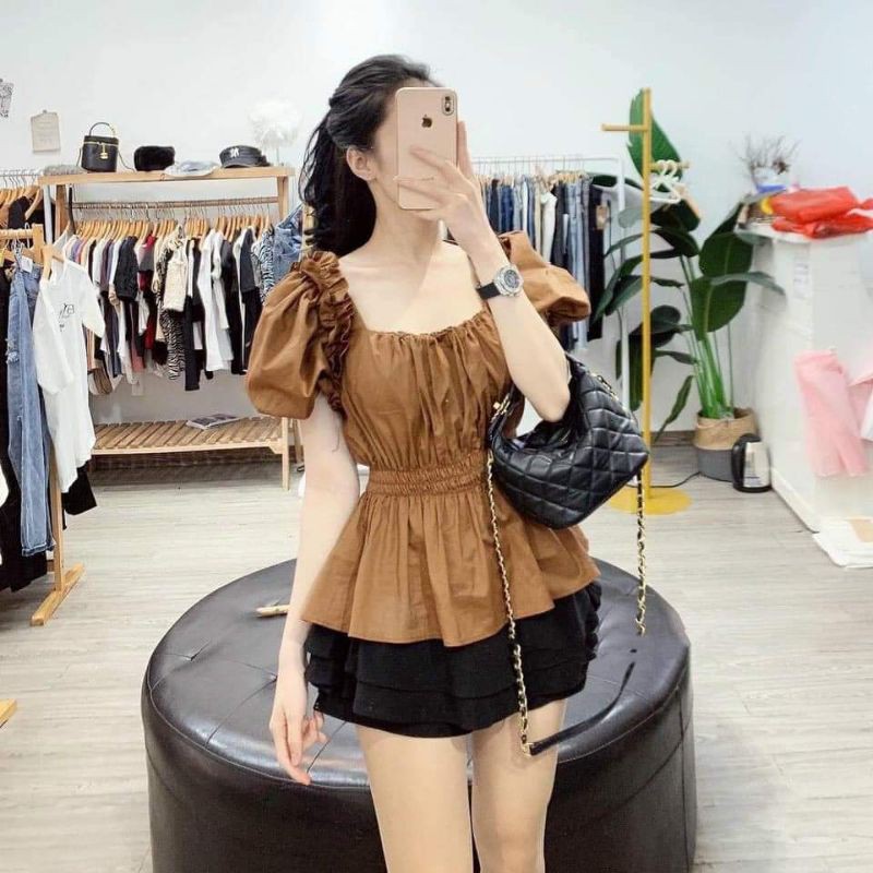 Áo sơ mi peplum tay bồng cổ vuông