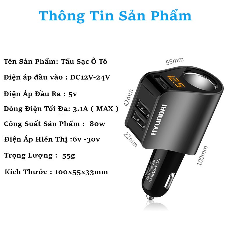 Tẩu Sạc Ô Tô, Xe Hơi Hyundai Chính Hãng, Có Đèn Led Báo Điện Áp Ắc Quy - Đầu Ra 3 Cổng USB, 1 Cổng Tẩu Tròn