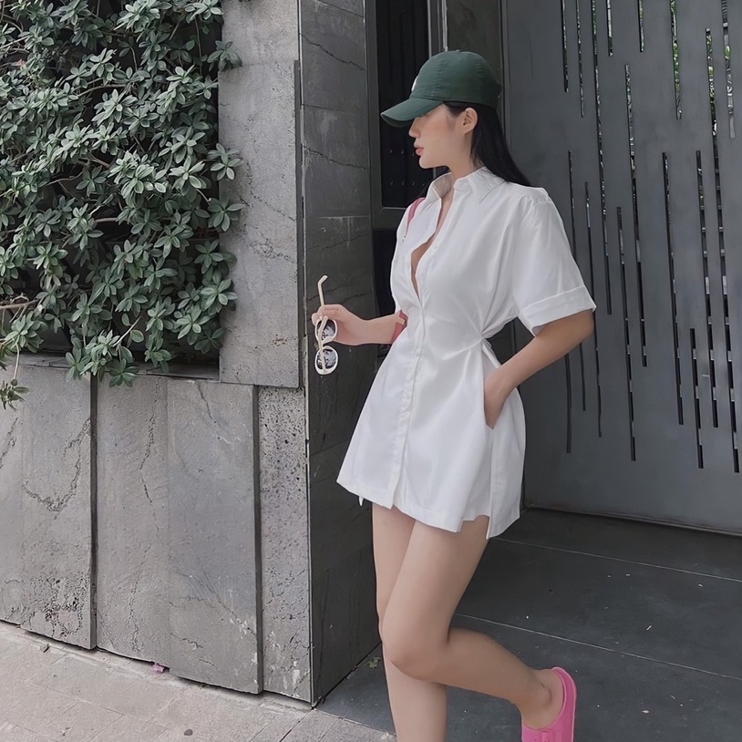 Set áo sơmi trắng chiết eo + quần short