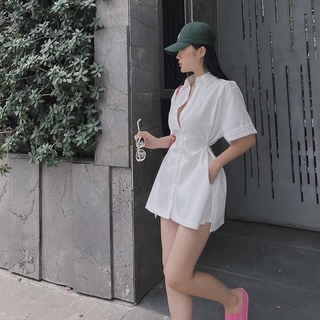 Set áo sơmi trắng chiết eo + quần short