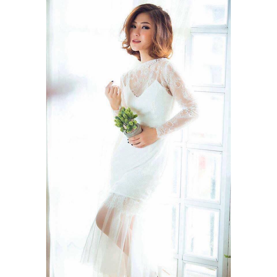 Đầm dự tiệc đuôi cá dài tay sang trọng màu tráng/ Ảnh thật | BigBuy360 - bigbuy360.vn