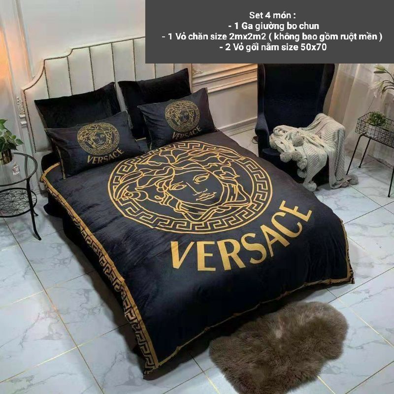 Bộ chăn ga nỉ nhung họa tiết thương hiệu cao cấp hàng nhập khẩu - set 4 món nhiều màu