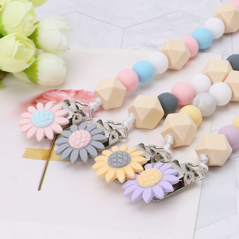 Dây Đeo Núm Ti Giả Bằng Silicon Cấp Thực Phẩm Gắn Hạt Gỗ / Hạt Gỗ / Hoa / Vương Miện Hoạt Hình Dễ Thương Cho Bé Sơ Sinh