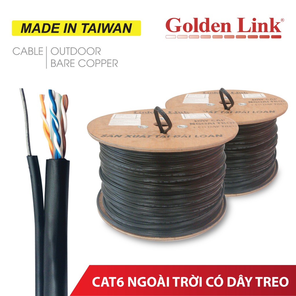 (Đài Loan) Cáp mạng GoldenLink đồng nguyên chất Taiwan UTP CAT6 Outdoor ngoài trời có dây thép treo WAN CCTV Camera PoE
