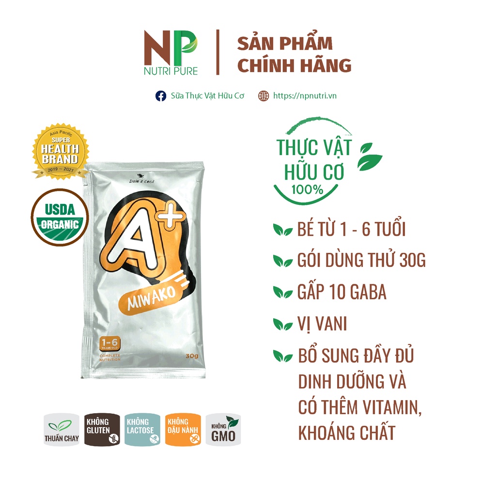 Sữa công thức thực vật hữu cơ Miwako A+ Cho Trẻ Dị Ứng Sữa Đạm Bò, Trẻ Biếng Ăn, Vị Vani (30g)