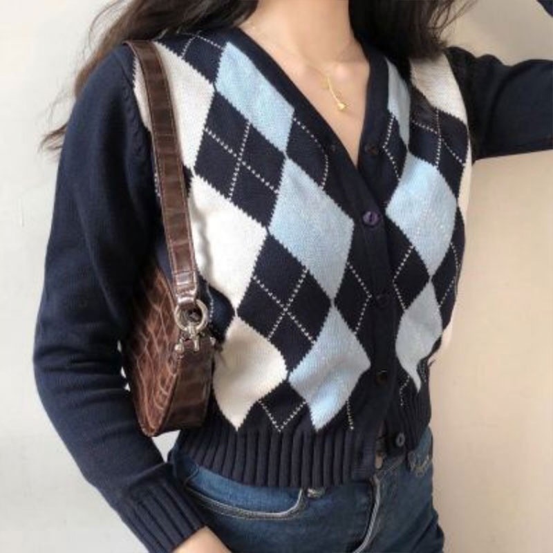 Áo khoác cardigan XINLANYASHE dệt kim tay dài cổ V in sọc caro phong cách vintage xinh xắn cho nữ áo len cổ trái tim nữ