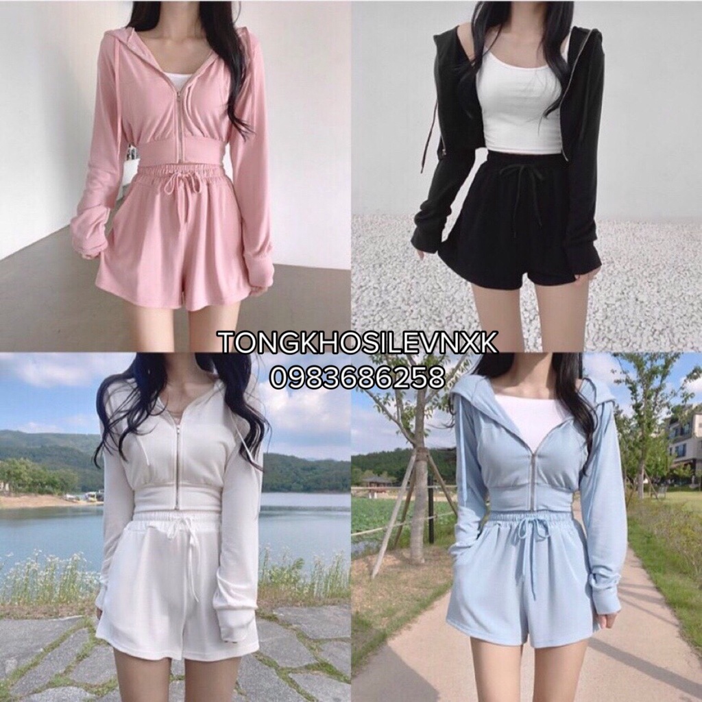 Set Áo Khoác Hoodie Dài Tay Croptop Mix Quần Short 4 Màu Đen Trắng Xanh Hồng - Set Đồ Bộ Ulzzang