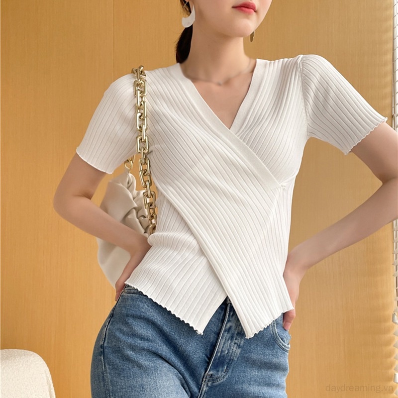 Áo Thun Dệt Kim Tay Ngắn Cổ Chữ V Màu Sắc Trơn Thời Trang Cho Nữ