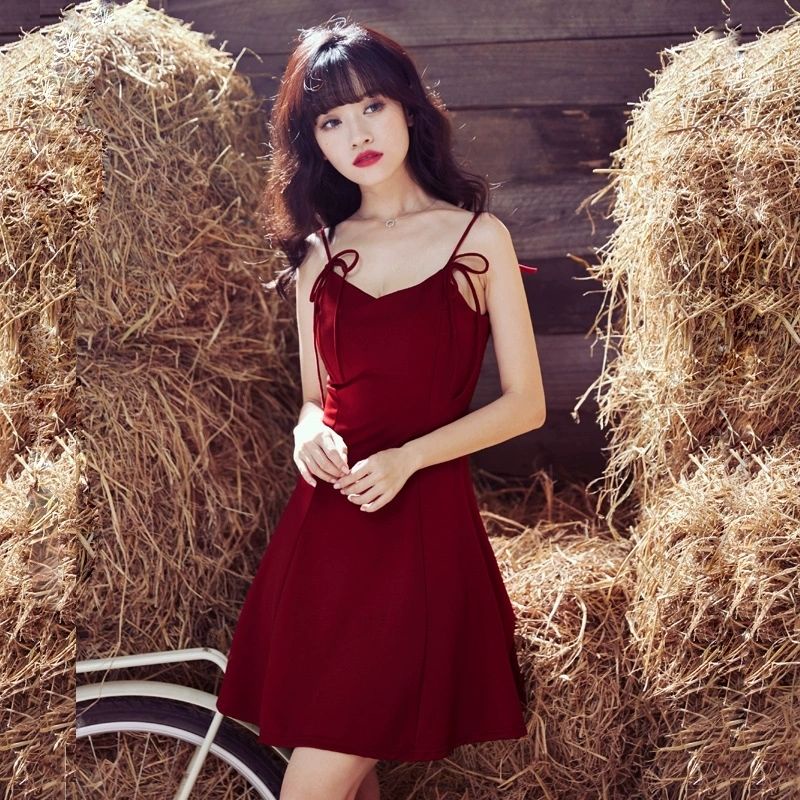 Jiashucheng Đầm Hai Dây Dáng Ngắn Thời Trang Mùa Hè Phong Cách Retro Dành Cho Nữ