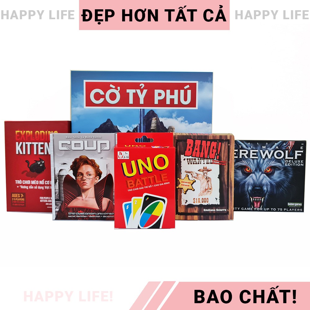Trò chơi thẻ bài Cờ tỷ phú + Ma sói + Mèo nổ + UNO + Bang + Coup