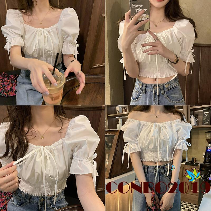 Áo Thun Tay Ngắn Phồng Màu Trơn Thời Trang Dành Cho Nữ