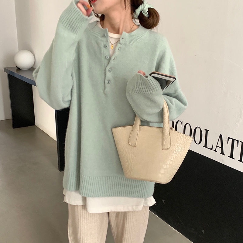 Áo Sweater cổ tròn dáng rộng phối nút phong cách Hàn Quốc đơn giản thời trang cho nữ