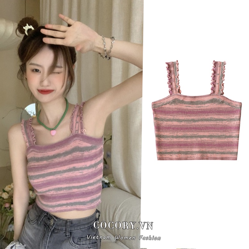 Cocory vn Áo Croptop Dệt Kim Kẻ Sọc Trễ Vai Quyến Rũ Thời Trang Mùa Hè Cho Nữ
